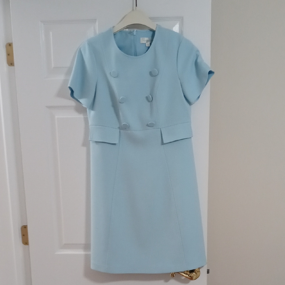 Powder Blue Short-Sleeve Midi Dress with Covered Button Detail